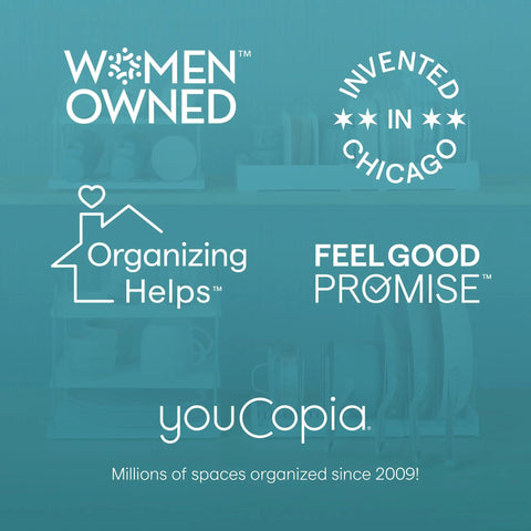 Image showing logos: Women Owned, Invented in Chicago, Organizing Helps, Feel Good Promise, promoting StoraBag Drawer Food Bags Dispenser For Kitchen Storage 4 Slot Plastic Sandwich Bag Organizer With Easy Load Top Lid To Ditch The Box Clutter And Wide Bag Slots Fits Gallon Quart Sandwich Snack Bags Removable Labels White.