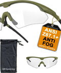 Anti Fog Tactical Shooting Glasses With Ballistic Eye Protection For Hunting, Airsoft, Range Training, Pickleball, And Lab Work, ANSI Z87.1 Plus Safety, OSHA Compliant, Bow Frame Design For Comfort, Durability, And Crystal Clear Vision in olive green with carrying pouch and tag.