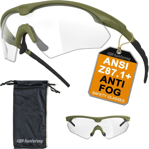 Anti Fog Tactical Shooting Glasses With Ballistic Eye Protection For Hunting, Airsoft, Range Training, Pickleball, And Lab Work, ANSI Z87.1 Plus Safety, OSHA Compliant, Bow Frame Design For Comfort, Durability, And Crystal Clear Vision in olive green with carrying pouch and tag.