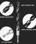 Brad Point Wood Drill Bit Set, 12Pcs, 1/4-in hex shank, high carbon steel, spiral grooves design