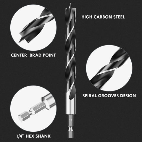 Brad Point Wood Drill Bit Set, 12Pcs, 1/4-in hex shank, high carbon steel, spiral grooves design