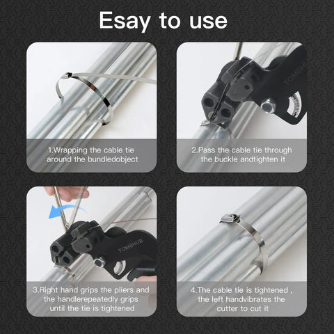 Heavy Duty Stainless Steel Cable Tie Gun Kit with 100 11.8 Inch Zip Ties securing metal pipes in four steps.