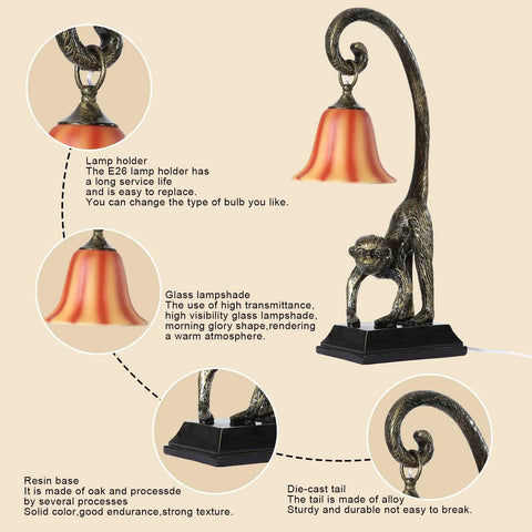 Modern Resin Bronze Monkey Table Lamp For Desk And Nightstand with detailed parts view and lamp features.