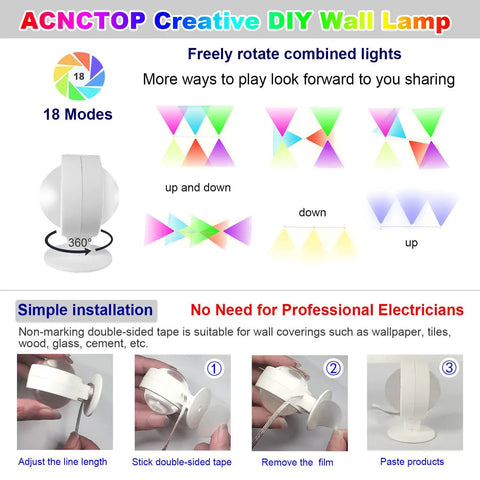 360 Degree Rotating RGB LED Wall Light Bar For DIY Wall Art Decor Ambient Mood Lighting With 18 Modes installation guide