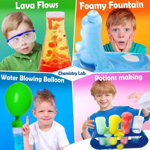 Children experimenting with 60 Plus Science Experiments Kit For Kids With Chemistry Set And Volcano Eruptions Colorful STEM Activities