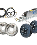 Hydraulic drum brake kit with two blue 5-lug drum hubs, backing plates, actuator, and hoses