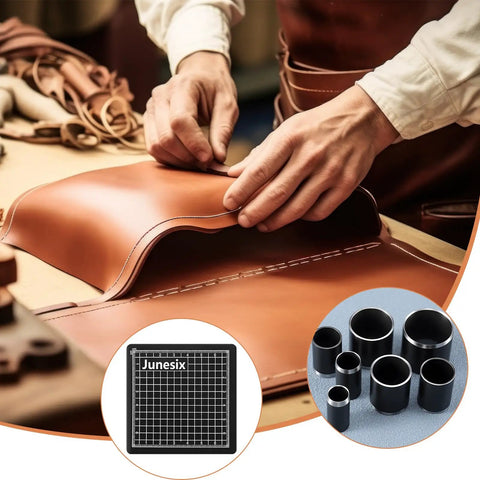 Craftsman using Leather Circle Cutter Tool Set With 31 Circle Punch Dies for DIYers and leather pros, includes cutting board.