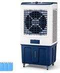 Portable Evaporative Air Cooler With Mechanical Knobs And Auto Swing, Three Speeds Pump Out Kickin Cool Airflow For Bedroom Or Studio Setup, Sweet Easy Glide Design Chases Away Sticky Summer Days In Seconds, blue and white unit with fan.