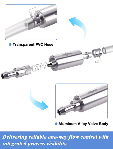 Brake Bleeder Hose Kit With Two Hoses And One Way Check Valve For Cars And Motorcycles showing PVC hose and alloy valve.