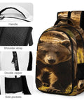 Forest Striding Brown Bear Printed Unisex Backpack With Large Capacity detailed view showcasing handle, zipper, straps, and side pockets.