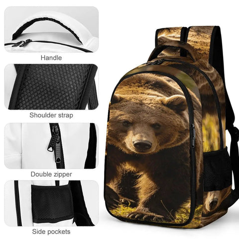 Forest Striding Brown Bear Printed Unisex Backpack With Large Capacity detailed view showcasing handle, zipper, straps, and side pockets.
