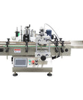 Automatic Desktop Conveyor Labeler For Round Bottles High Speed 110 Volt Label Applicator featuring large touchscreen and multiple rollers.