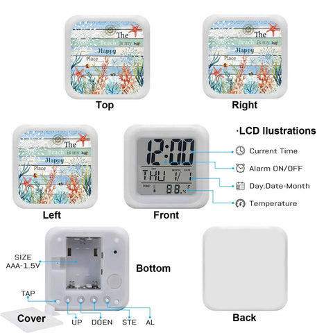 Super Sweet Nautical Alarm Clock With Starfish And Coral Wooden Cube Design Silent Sweep Nightlight Bedside Timer Snooze Button Time Date Temp Display For Chill Bedroom Or Office Desk LCD display and starfish design visible from multiple angles.