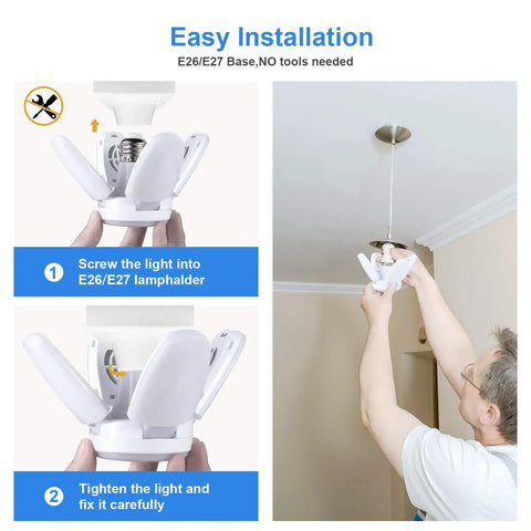 2 Pack LED Garage Light Bulbs 35W 150W Equivalent, E26 Base Daylight 6500K installation process, showing easy setup.