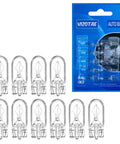 10 Pack T10 12V 5W Wedge Bulbs For Cars Clear Quartz Glass Halogen Instrument Dash Lights Brake Light Turn Signal Side Marker And License Plate Replacement Accessories displayed with packaging.