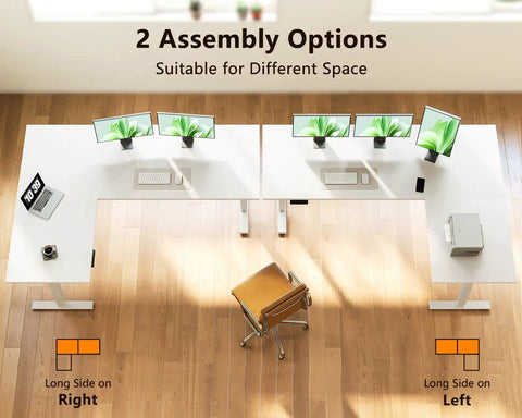 63 Inch Sit To Stand Electric L Shaped Desk With Height Adjustment Range 27.9 To 46.1 Inches, Reversible Corner Setup layout options