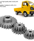 Heavy Duty Steel Gear Replacement Kit For WPL D12 1/10 Scale RC Rock Crawler Truck showing sturdy steel gears and yellow truck.