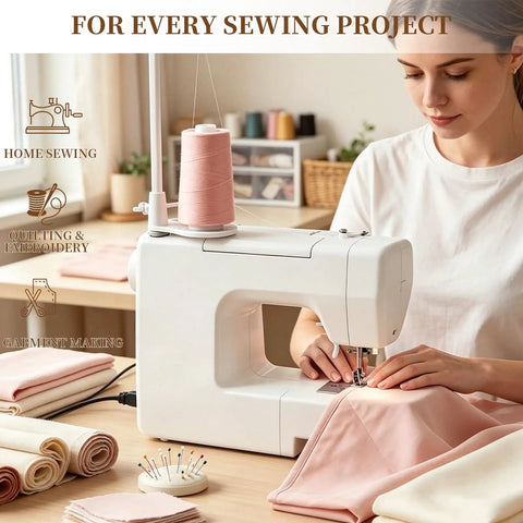 Large Thread Spool Stand For Sewing Machines with pink thread on sewing machine during garment making process.