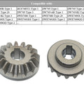 Beefy Two Pack Bevel Gear Replacement For Table Saws 5140061-65 showing metal gears and compatibility chart for DCS7485B DW745 series