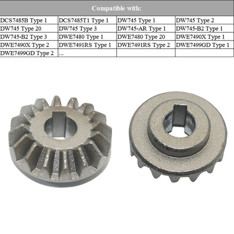 Beefy Two Pack Bevel Gear Replacement For Table Saws 5140061-65 showing metal gears and compatibility chart for DCS7485B DW745 series