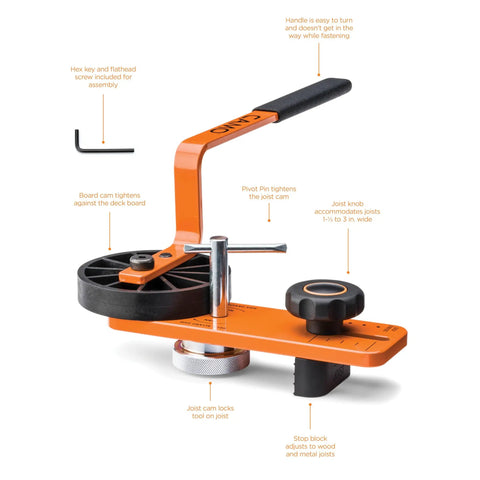 Heavy Duty Deck Board Straightener And Bow Clip Lever Tool To Kick Flexing Planks Right In Line And Bend Warped Pressure Treated Lumber For Fast Decks - orange lever tool with adjustable knobs.