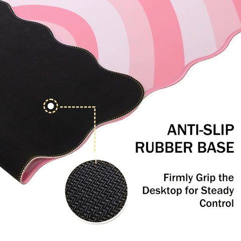 Close-up of Pink Heart XXL Mouse Pad With Scalloped Edge Large Desk Mat showing anti-slip rubber base and striped design.