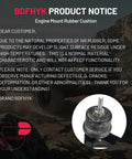 Engine mount rubber cushion product notice from BDFHYK highlighting normal characteristics of NR rubber.