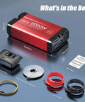 Heavy Duty 2000 Watt Pure Sine Wave Inverter 12 Volt To 110 Volt Converter With Digital Display and accessories in box.