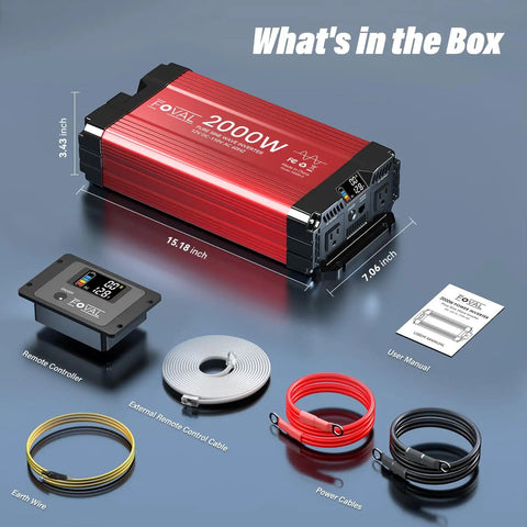 Heavy Duty 2000 Watt Pure Sine Wave Inverter 12 Volt To 110 Volt Converter With Digital Display and accessories in box.