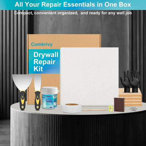 All In One Drywall Patch Kit For Large Holes With 12 By 12 Inch Repair Panel Spackle Mesh Tape Putty Knives And Sanding Block For Quick Wall And Ceiling Fix