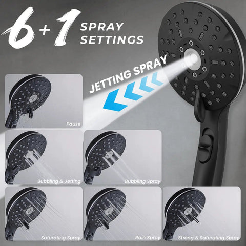 6 plus 1 spray settings of 8 Inch High Pressure Rain Shower Head With Handheld Spray Duo Shower Head Set, Matte Black Finish