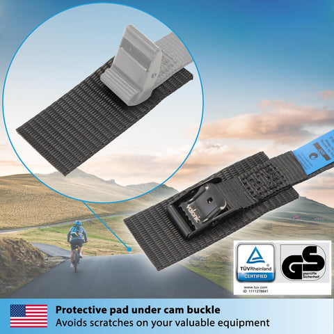 Close-up of cam buckle on Short Lashing Straps With Padded Webbing, 4 Pack, 1 Ft Each, 350 Lbs Break Strength, on bike rack