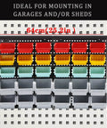 Garage Storage Bins Wall Mounted Parts Rack With 4 Color Coded Bins, 30 Piece Bin Organizer displayed on pegboard wall
