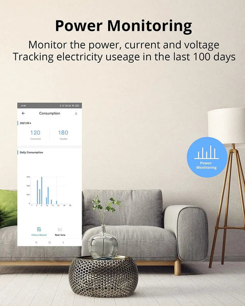 WiFi Smart Plug With Energy Monitoring, 15A Outlet, ETL Certified interface showing power data on a smartphone.