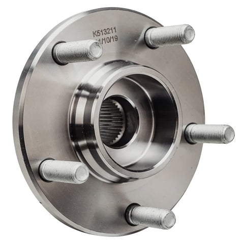 Close-up of a front wheel bearing and hub assembly for Mazda 3 2004 2005 with 5 lug, including ABS encoder, bolt-in ready.