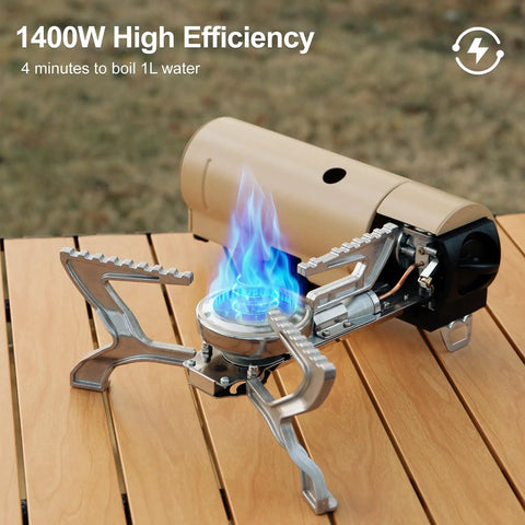 Go To Portable Camping Stove 1400W Butane Collapsible Backpacking Stove on wooden table with blue flame burning