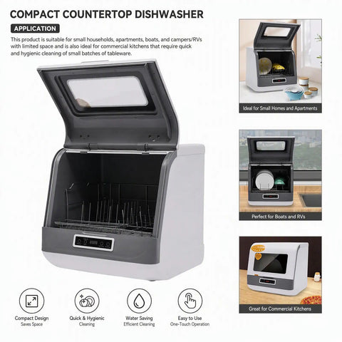 No Sweat Stainless Countertop Dishwasher Featuring Twelve Power Spray Jets Ozone Sterilization And High Temp Wash for dorms, RVs with an open lid.