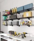 Heavy Duty Garage Wall Shelving Kit, 3-Tier 1x4ft Adjustable Floating Shelves with tools and containers, Black Powder Coated Steel