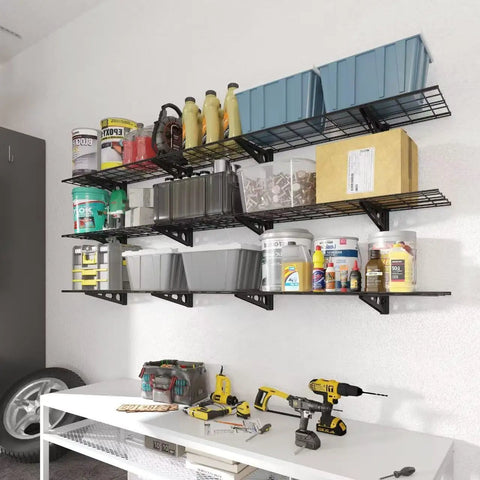 Heavy Duty Garage Wall Shelving Kit, 3-Tier 1x4ft Adjustable Floating Shelves with tools and containers, Black Powder Coated Steel