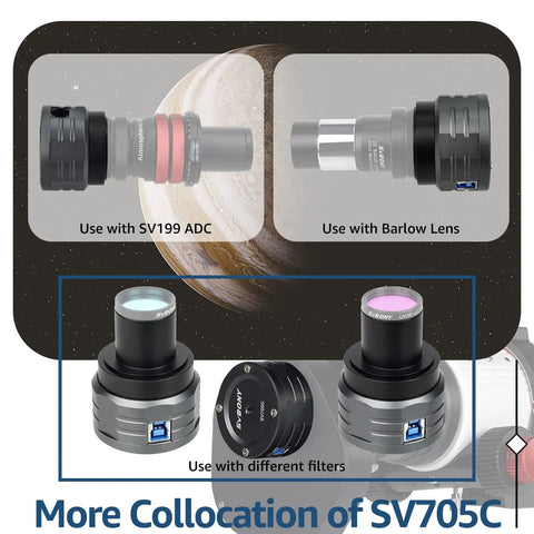 705C Telescope Camera With IMX585 Sensor for planetary imaging shown with SV199 ADC, Barlow Lens, and filter use options.
