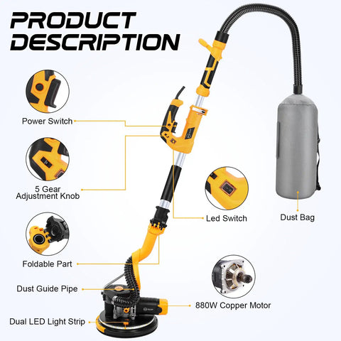 Drywall Sander For Popcorn Ceiling Removal Pro Grade 880W Power With 7.3 Amp Motor, features and components labeled
