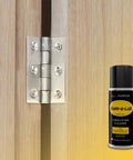 Go To All Purpose Metal Lubricant And Cleaner Spray for Rust Prevention near a metal hinge on wooden door.