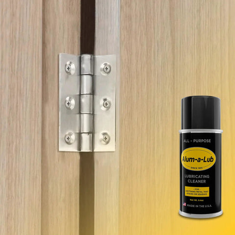 Go To All Purpose Metal Lubricant And Cleaner Spray for Rust Prevention near a metal hinge on wooden door.