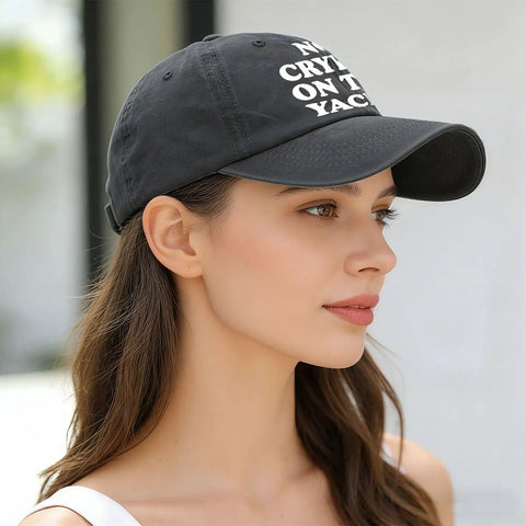 Woman wearing No Crying On The Yacht Trucker Hat For Son Funny Nautical Cap With Adjustable Strap Casual Outdoor Wear