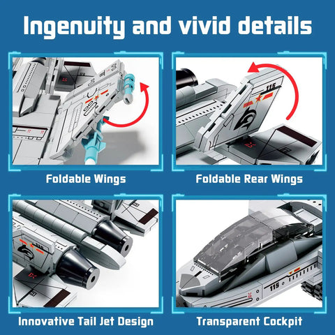 Realistic Fighter Jet Build Kit With 577 Pieces For Hands On Play Foldable Wings Dual Engines Clear Cockpit STEM Construction Blocks
