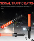 LED Traffic Wand Signal Baton 12 Pack With Dual Flashing Modes, shown in night traffic scene, features 16-inch length and wrist strap.
