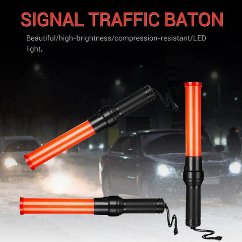 LED Traffic Wand Signal Baton 12 Pack With Dual Flashing Modes, shown in night traffic scene, features 16-inch length and wrist strap.