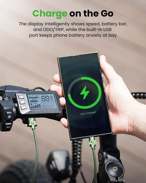 Close-up of M10 Pro Electric Mountain Bike's handlebar display showing speed and phone charging via USB, 20X4 fat tire visible.