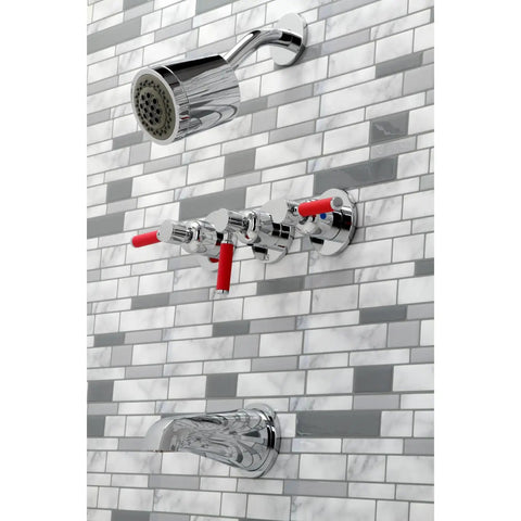 Kaiser Triple-Handle Tub and Shower Faucet in Antique Brass, Heavy-Duty Brass Zinc Alloy and ABS Build, Wall Mount View
