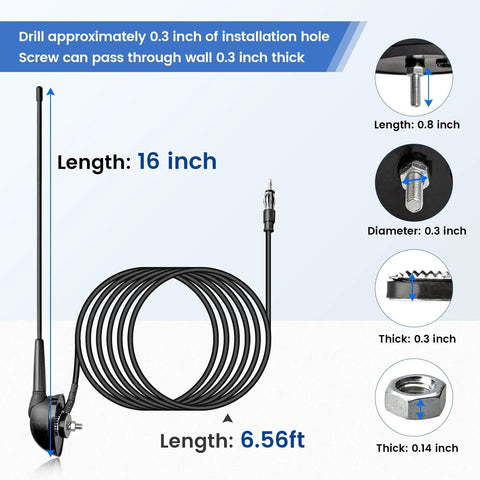 16 Inch AM FM Universal Top And Side Mount Antenna with mount base, extension cable, and installation details for vehicles.